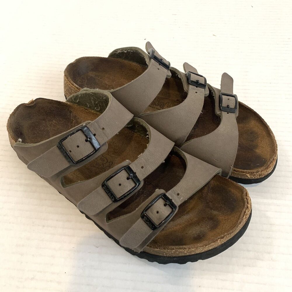 Birkenstock Birkis Womens 37 6 Sandals 3 Strap Buckles Slip On Leather Grey